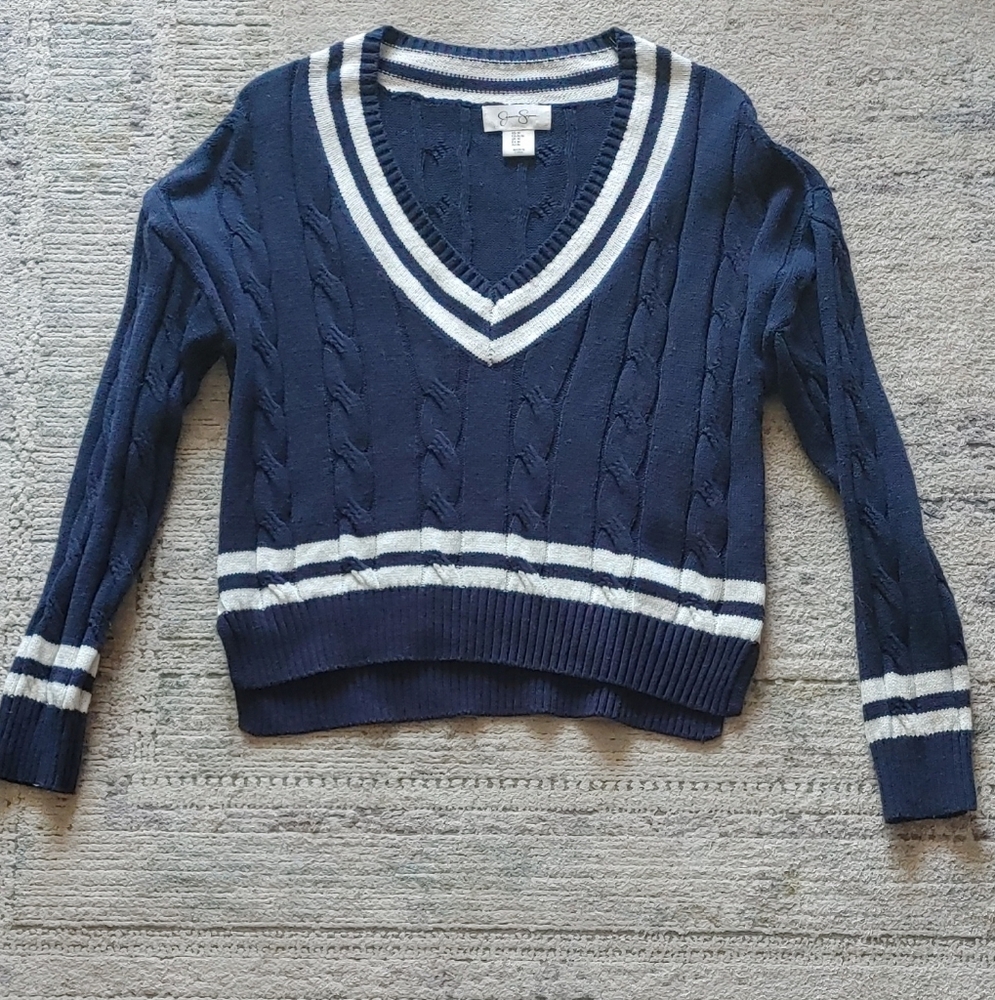🍁2 For 20! Jessica Simpson Navy V-Neck Sweater with White Stripes